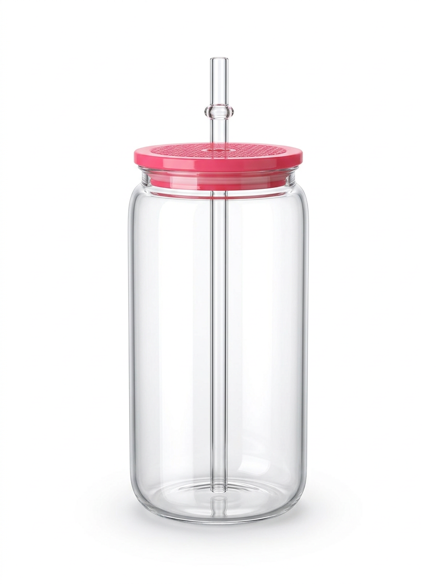 Glass Can Tumbler — Pink Lid